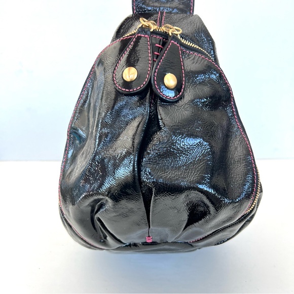 ISABELLA FIORE Black Patent Leather w Pink Stitches Side Pockets Domed Boho Tote - Picture 7 of 15